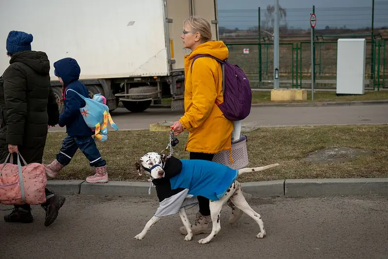 Réfugiés ukrainiens franchissant la frontière polonaise à Medyka début mars 2022.