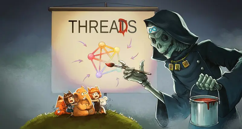 Dessin de presse de David Revoy (2023) : Threads, le réseau de Meta lancé face à Twitter, en faucheuse menaçant les mascottes du Fediverse.