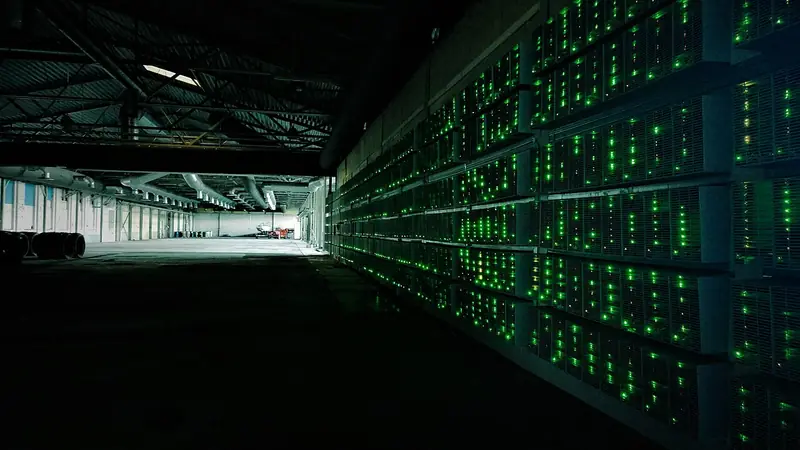Une ferme de minage de bitcoins en 2014 : des rangées de machines qui calculent jour et nuit pour valider les transactions de la blockchain.